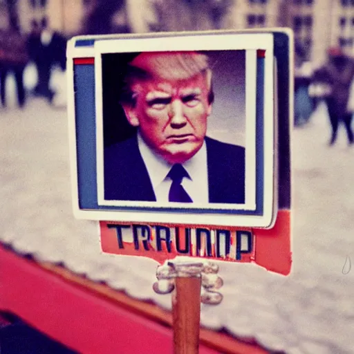 Image similar to vintage Polaroid of Trump vibin' on red square, close up