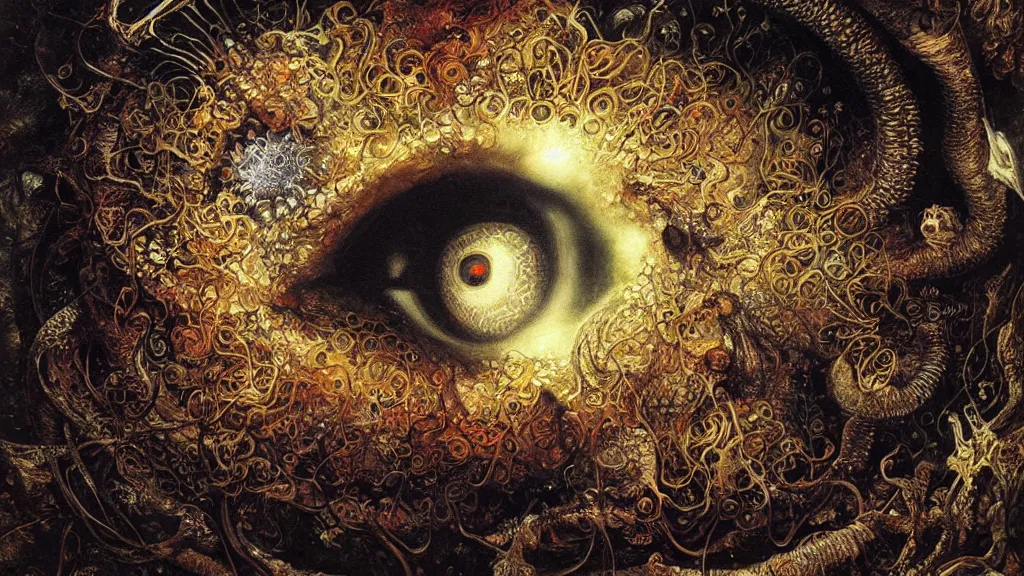 Prompt: a beautiful dreamy painting of a coronavirus inside a glowing television screen, evil eye, dark, sinister, detailed, high contrast, art by Ernst Haeckel and Greg Rutkowski