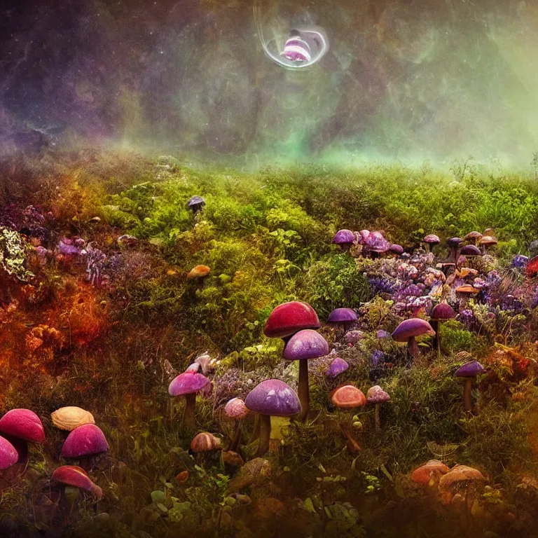 Image similar to a planet of various fungus, mushrooms, flowers and plants, inside the picture is infinity, Atmospheric, artistic photography, conceptual, long exposure outside the city, volumetric light