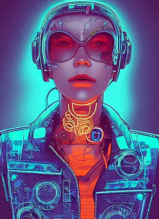 Image similar to portrait of a cyborg humanoid girl with mechanical and electronic element, denim jacket surrounded by neon light, illustrated by Michael Whelan and Laurie Greasley, highly detailed, trending on artstation