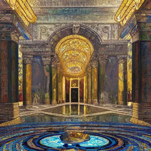 Prompt: a painting of a modern ruins, celebrating a king being crowned, mosaic floor, stained glass windows, godrays, chandelier, pillars of marble, fountain of water, art by JohannesVoss, Donato Giancola, Ron Spencer, Scott Fischer, Aleksi Briclot, trending on artstation