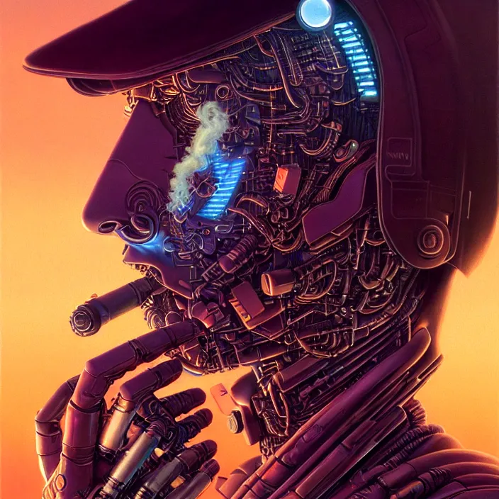 Prompt: close - up view synthetic cyborg smoking, cold colours, sharp textures, biotechnology, nikolay georgiev, tim hildebrandt, bruce pennington, donato giancola, larry elmore, masterpiece, trending on artstation, featured on pixiv, cinematic composition, sharp, details, hyper - detailed, hd, hdr, 4 k, 8 k