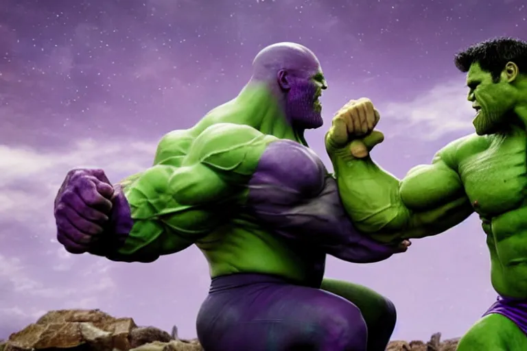 Prompt: thanos and hulk competing in an arm wrestling match, cinematic, dramatic, color grading, photojournalism, highly detailed