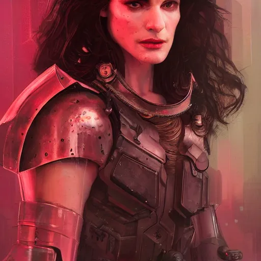 Prompt: rachel weisz portrait, dystopia core, apocalyptic, armor, warrior, dramatic, sharp focus, fiction, neon, fantasy, hyper detailed, digital art, trending in artstation, cinematic lighting, studio quality, smooth render, unreal engine 5 rendered, octane rendered, art style and nixeu and wlop and krenz cushart