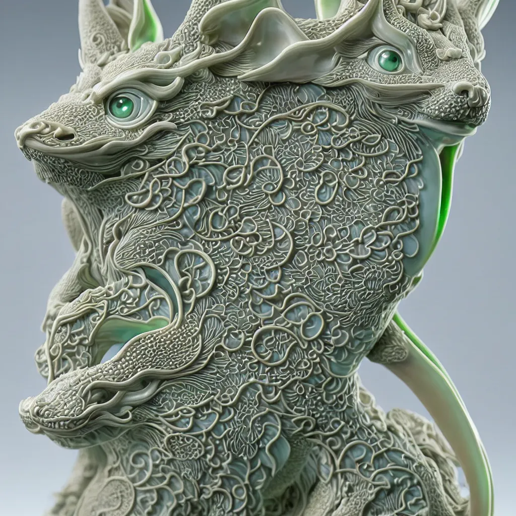 Image similar to A single Close up photo-real delicate ceramic porcelain sculpture of an ornate symmetrical Kitsune detailed in front of an intricate background by Victo Ngai and takato yamamoto, micro detail, backlit lighting, face in focus, subsurface scattering, translucent, thin porcelain, octane renderer, neon green, pink and blue, physically based rendering, japanese pottery, trending on cgsociety