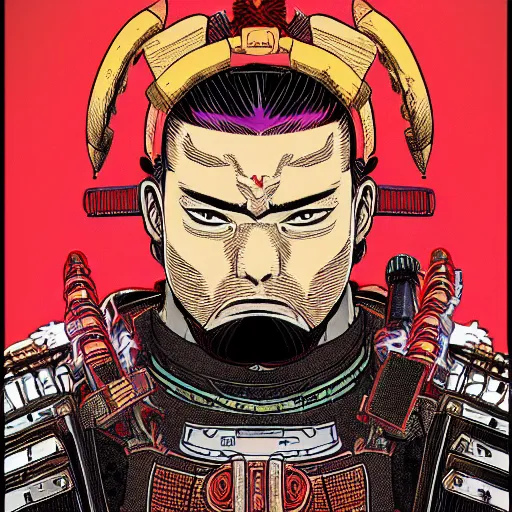 Prompt: a powerful japanese samurai wearing cyber thunder gear, detailed face, face symmetry, character concept portrait by moebius and laurie greasley, colorful, profile picture, 8 k, cinematic color grading