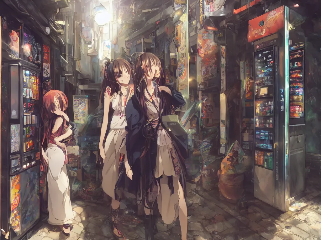 Image similar to Two beautiful anime girls, standing in front of a vending machine outside of a Japanese convenience store, in narrow Tokyo alleyway, gorgeous sunlight and shadows, D&D, fantasy, highly detailed, digital painting, artstation, concept art, sharp focus, illustration, in style of GUWEIZ and WLOP and NIXEU and Craig Mullins