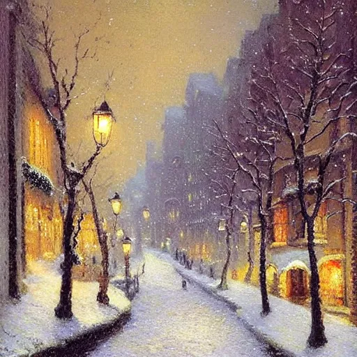 Prompt: an alley in paris in winter, snowing, christmas night, 1 9 1 0, by thomas kinkade, colorful