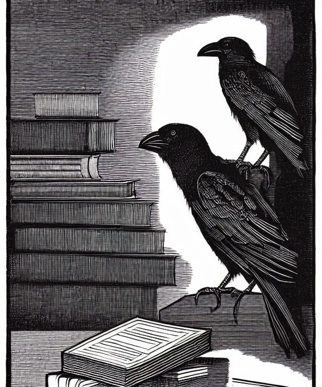 Image similar to crow perched on top of a stack of books, art by james o barr and albrecht durer, woodblock print, engraved, black and white, vector, vector art