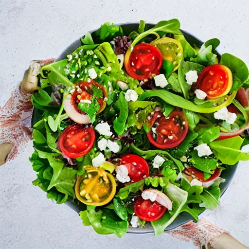 Prompt: a salad filled with human fingers