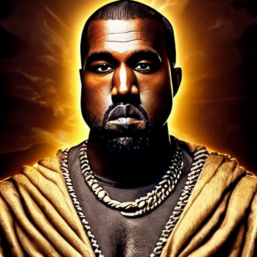 Image similar to Portrait of Kanye West as the god-emperor of mankind, amazing splashscreen artwork, splash art, natural light, elegant, intricate, fantasy, atmospheric lighting, cinematic, matte painting