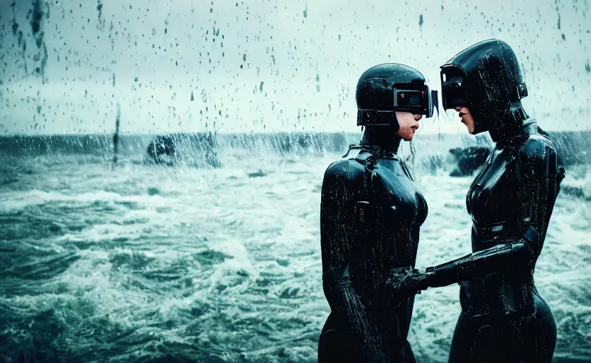 Image similar to cinestill 5 0 d candid action photographic portrait by christopher nolan of two loving female androids wearing rugged black mesh techwear in treacherous waters, extreme closeup, modern cyberpunk retrofuturism moody emotional cinematic, pouring iridescent rain, 8 k, hd, high resolution, 3 5 mm, f / 3 2, motion blur, ultra realistic faces, ex machina