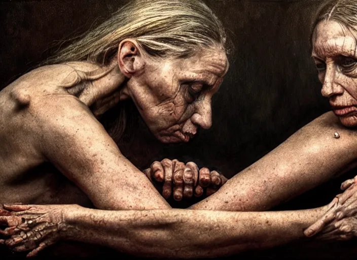 Image similar to photo, female arm wrestlers, woodland location, stefan kostic and david cronenberg, realistic, sharp focus, 8 k high definition, intricate, chiaroscuro, elegant, perfect faces, symmetrical face, extremely detailed, hypnotic eyes, realistic, fantasy art, masterpiece zdzislaw beksinski, national geographic, artgerm