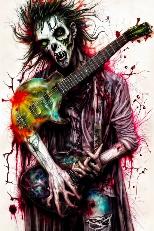 Image similar to zombie punk rocker playing guitar by agnes cecile, brian froud, intricated details, 3 / 4 view, full body portrait, extremely luminous bright design, horror, pastel colours, toxic drips, autumn lights