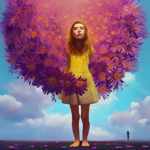 Prompt: head made of giant daisies, girl standing barefoot in a vast flower field, arms outstretched, surreal photography, sunrise dramatic light, impressionist painting, colorful clouds, large sky, digital painting, artstation, simon stalenhag, flower face