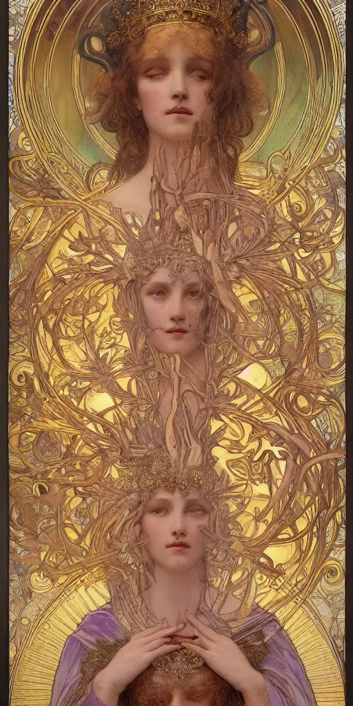 Prompt: portrait burning saint woman, venus, athena, halo, queen, by alphons mucha and annie swynnerton and jean delville, strong dramatic cinematic lighting, ornate headdress, flowing robes, spines, flowers, stars, lost civilizations, smooth, sharp focus, extremely detailed, marble, gold, space