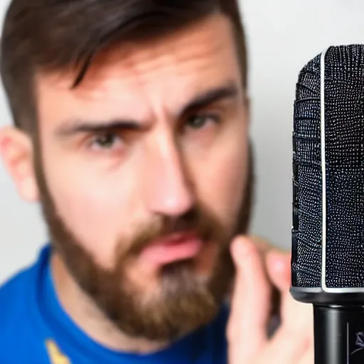 Image similar to handsome Portuguese-British male twitch streamer looking angrily at his expensive microphone which isn't working, high quality photo, 4k