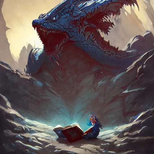 Image similar to blue dragon sitting on a hoard of books, fantasy, dnd, art by greg rutkowski