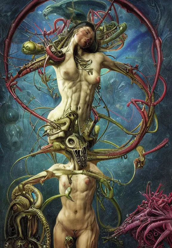 Image similar to simplicity, elegant, colorful muscular eldritch, flowers, bodies, neon, afrofuturism, by h. r. giger and esao andrews and maria sibylla merian eugene delacroix, gustave dore, thomas moran, pop art, giger's biomechanical xenomorph, art nouveau