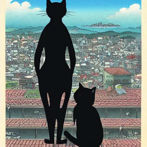 Image similar to an anthro black cat looking out over a city, Miyazaki, studio ghibli