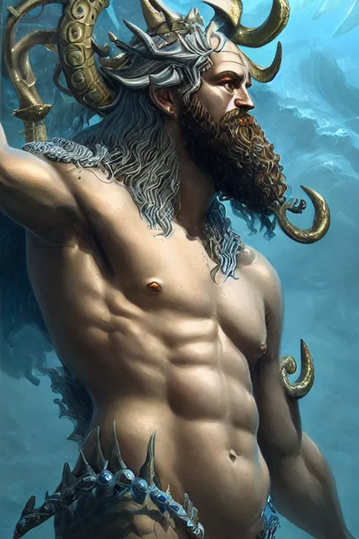 Image similar to poseidon humanoid god of the sea, trident, highly detailed, d & d, fantasy, highly detailed, digital painting, trending on artstation, concept art, sharp focus, illustration, art by artgerm and greg rutkowski and magali villeneuve