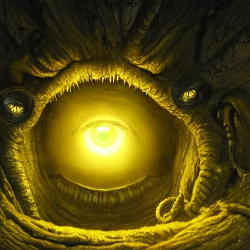 Image similar to an eye inside a mouth of a child with pointed teeth and glowing yellow eyes, nightmare, dark, h. p. lovecraft, portrait, intricate, detailed, volumetric lighting, scenery, digital painting, highly detailed, artstation, sharp focus, illustration, concept art, art by artgerm and greg rutkowski