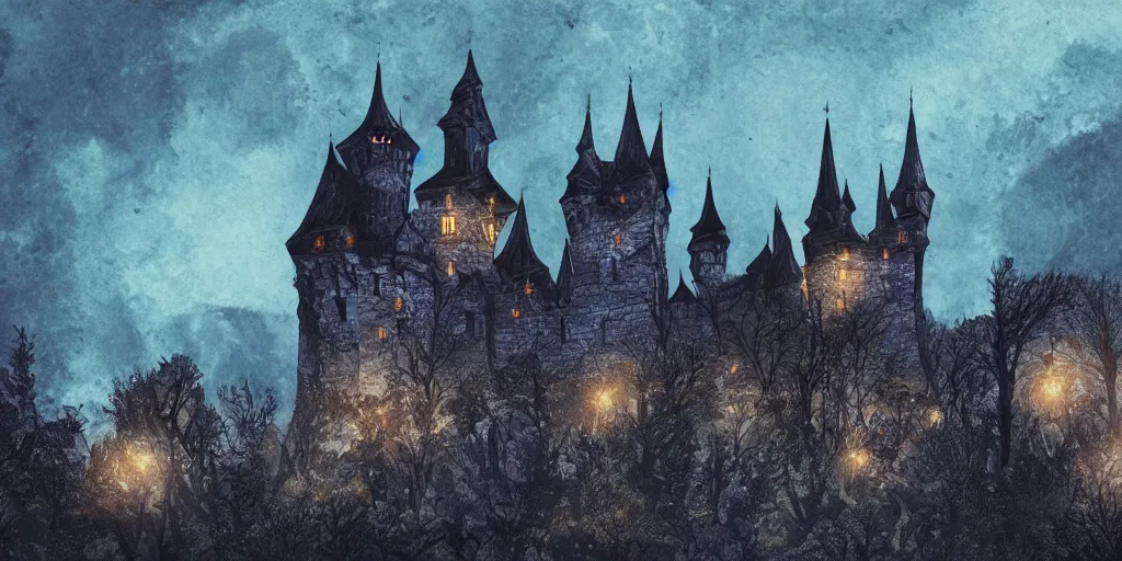 Image similar to Transylvanian castle at night, dark, dark blue, low-light, midnight, hyper-detailed, trending on Artstation, 8k, 4k, high-res, digital art