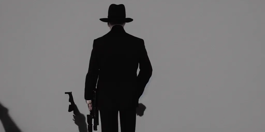 Image similar to serious looking man in a black suit and black fedora hat. he has a big silver gun, 4 k, atmospheric, epic scene, strong shadows, high contrast