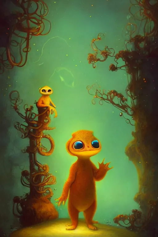 Image similar to a surreal Bioluminescent, very very very cute Newt in a happy world by Daniel Merriam, Trending on Artstation, oil on Canvas by Elena Zhurikhina and Goro Fujita and Charlie Bowater, octane render, 4k, 8k, HD