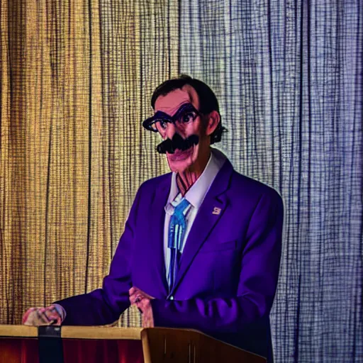 Prompt: photograph of waluigi as a presidential candidate giving a speech. Dramatic lighting. Award winning photography.