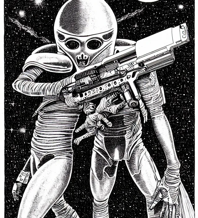 Image similar to a gray alien with a ray pistol, pen - and - ink illustration, etching, by russ nicholson, david a trampier, larry elmore, 1 9 8 1, hq scan, intricate details, high contrast, no background