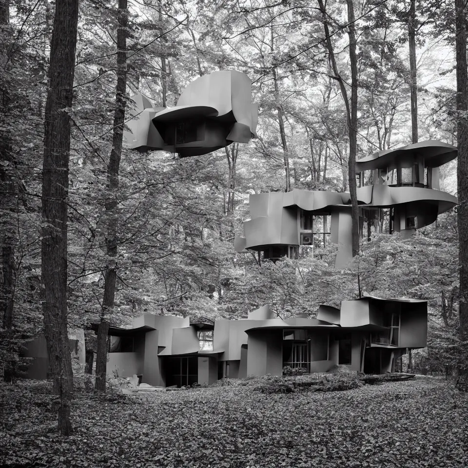 Image similar to architecture ad for a mid-century modern house in the middle of the forrest, designed by Frank Gehry. Film grain, cinematic, grayscale, yellow hue