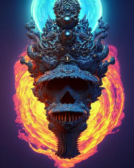 Image similar to 3 d ornate carved dark cosmic king with profile portrait, sigma 5 0 0 mm f / 5. beautiful intricate highly detailed quetzalcoatl skull. bioluminescent, plasma, lava, ice, water, wind, creature, thunderstorm! artwork by tooth wu and wlop and beeple and greg rutkowski, 8 k trending on artstation