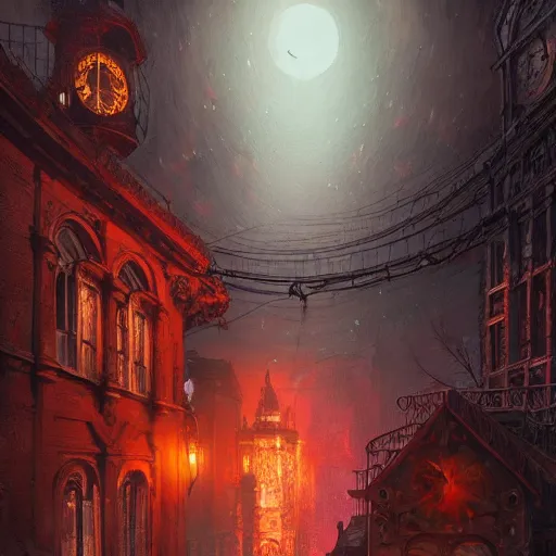 Prompt: A hyper detailed painting of an abandoned victorian era city at night, red moonlight shining on it from above, dark fantasy, an abandoned clock tower in the middle of the city, by Greg Rutkowski, trending on artstation