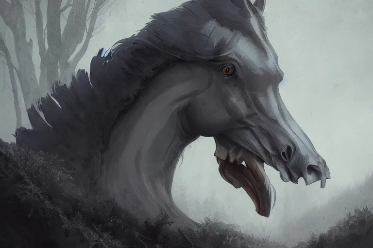 Prompt: horse merged with shoebill, digital art made by makoto shinkai, lois van baarle, greg rutkowski and jakub rebelka, highly detailed, symmetrical, extremely coherent, smooth, shaped focus, dystopian gray forest background, skull