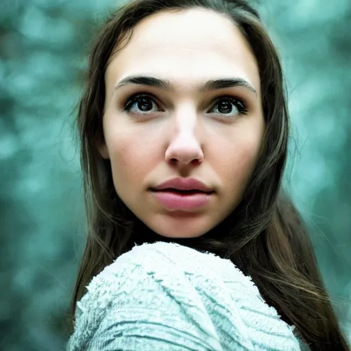 Image similar to a masterpiece portrait photo of a beautiful young woman who looks like an eskimo gal gadot, symmetrical face, random background scene