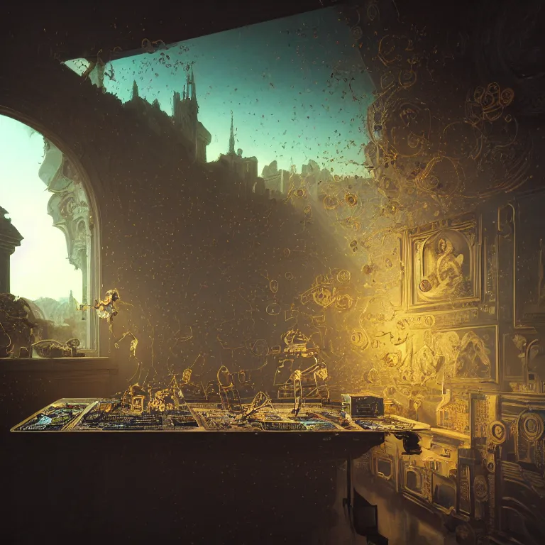 Image similar to motherboard, chip circuit, computer, dream - like atmosphere, baroque landscape painting, perfect composition, beautiful detailed intricate insanely detailed octane render trending on artstation, 8 k artistic photography, photorealistic, soft natural volumetric cinematic perfect light, chiaroscuro, award - winning photograph, masterpiece, raphael, caravaggio, greg rutkowski, beeple