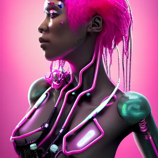 Image similar to portrait of a beautiful caribbean woman with pink hair as a cyberpunk cyborg half robot, revealing wires and electronics, circuit boards, wire management, sci - fi, missing panels, intricate abstract upper body intricate artwork, concept art, octane render, deviantart, cinematic, key art, hyperrealism, iridescent accents, portrait photograph, nikon 3 5 mm, photograph by greg rutkowski