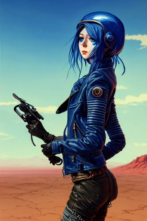Prompt: a ultradetailed beautiful panting of post apocalyptic woman biker with helmet. blue hair. opened leather jacket, pretty face, high detailed face, in front of burning desert, anatomically correct, by ilya kuvshinov, greg rutkowski and makoto shinkai, trending on artstation
