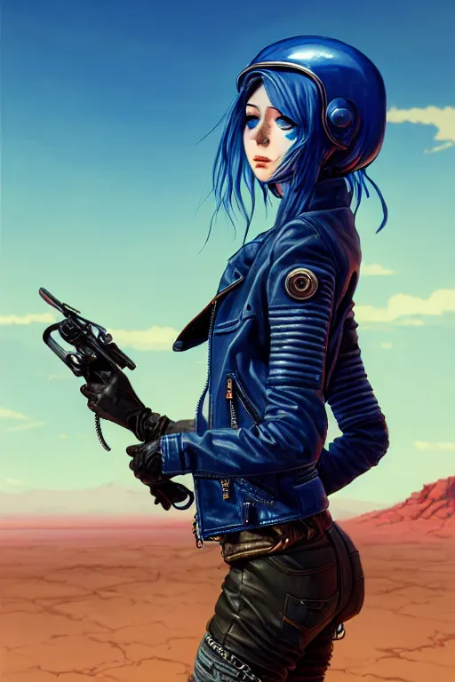 Image similar to a ultradetailed beautiful panting of post apocalyptic woman biker with helmet. blue hair. opened leather jacket, pretty face, high detailed face, in front of burning desert, anatomically correct, by ilya kuvshinov, greg rutkowski and makoto shinkai, trending on artstation