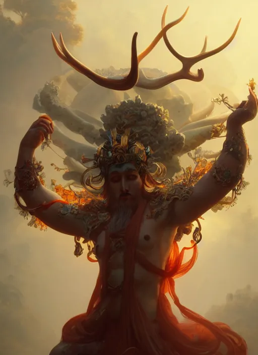 Prompt: Gigantic Deity with a halo made of antlers and translucent mushrooms, extremly detailed digital painting, in the style of Fenghua Zhong and Ruan Jia and Jeremy Lipking and Peter Mohrbacher, mystical colors, rim light, beautiful lighting, 8k, stunning scene, raytracing, octane, trending on artstation