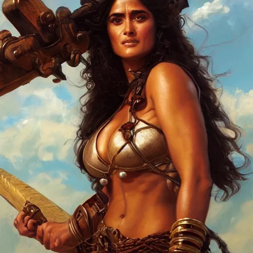 Image similar to a portrait of Salma Hayek as a barbarian, detailed, centered, digital painting, artstation, concept art, donato giancola, Joseph Christian Leyendecker, WLOP, Boris Vallejo, Breathtaking, 8k resolution, extremely detailed, beautiful, establishing shot, artistic, hyperrealistic, beautiful face, octane render