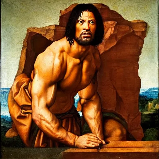 Image similar to The Rock Dwayne Johnson as the Joconde, Leonardo Da Vinci, Renaissance painting