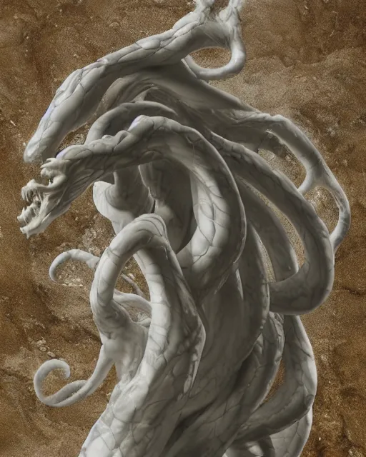 Image similar to an old marble statue of a hydra from herculean myths, hyper realistic, 4 k, grainy marble, hyper detailed