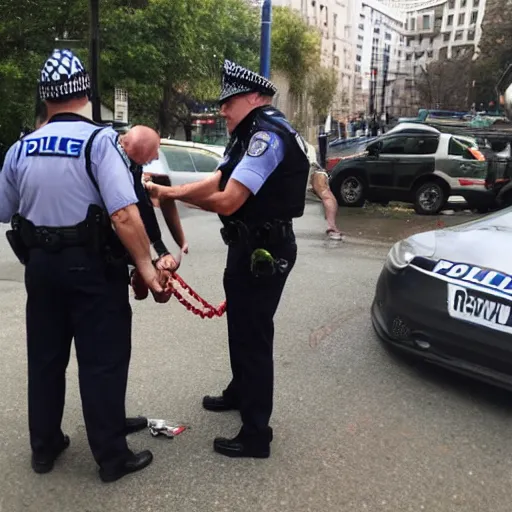 Prompt: police handcuffing a very enormous giant crab