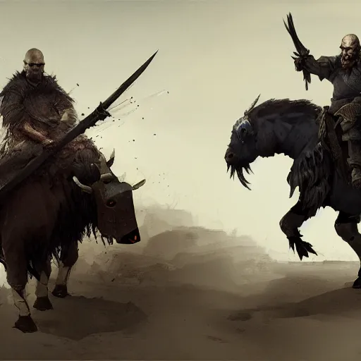 Image similar to Walter white as a dark fantasy warrior riding an armored yak, made by Greg Rutkowski