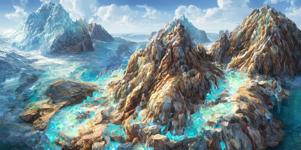 Image similar to a salt covered island surrounded by colourful rugged crystal quartz mountains, illustration, bright sunlight, sun glints, sunrays, digital art, hyperrealistic, oil painting, fantasy, 8 k, trending on artstation, detailed