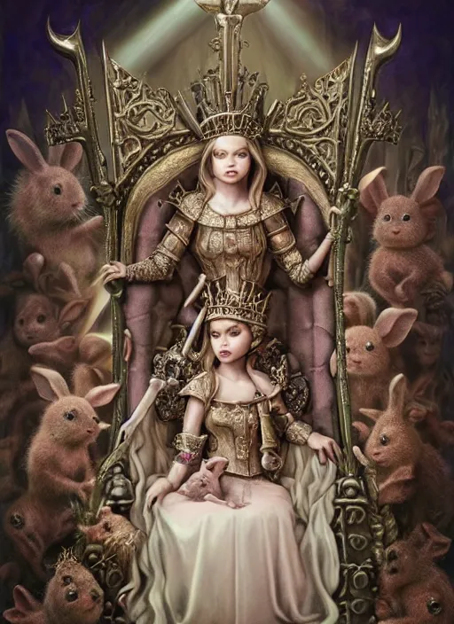 Prompt: highly detailed closeup portrait of a goth fairytale joan of arc wearing a crown and sitting on a throne, surrounded by cutr bunnies, unreal engine, nicoletta ceccoli, mark ryden, earl norem, lostfish, global illumination, god rays, detailed and intricate environment