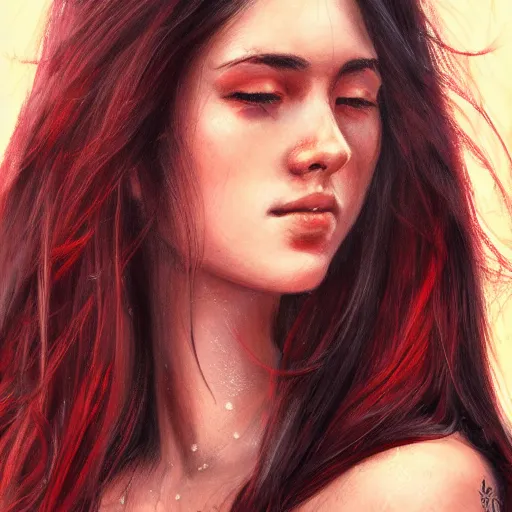 Prompt: woman with long dark brown hair wearing red clothing standing by the beach, beautiful, 8k, highly detailed, realistic, artgerm, sakimichan, rutkowski, trending on artstation, perfect face, portrait, high contrast, golden light, dramatic lighting,