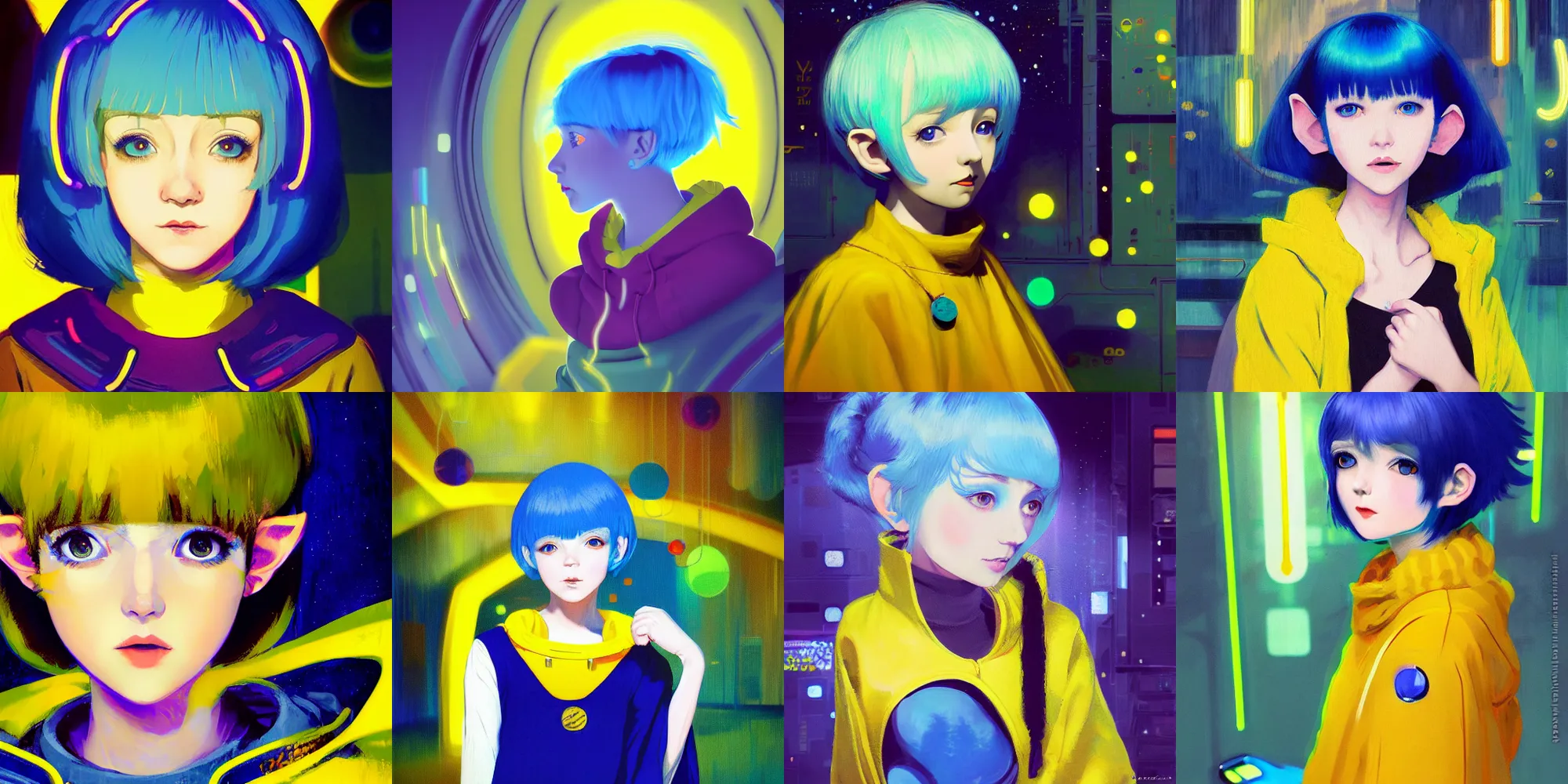 Prompt: An impressionistic painting of a young blue haired elf girl with a bob haircut wearing a yellow poncho reminiscent of a space suit covered in colourful badges in a futuristic neon-lit office by Ilya Kuvshinov and Edouard Manet and J. Allen St. John, digital art, anime key visual